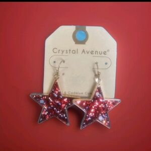 Red Shiny Glitter Star Goldtone Earrings